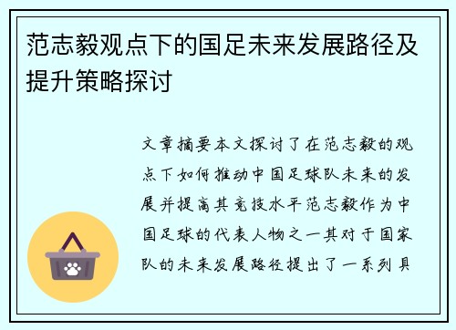 范志毅观点下的国足未来发展路径及提升策略探讨 范志毅观点下的国足未来发展路径及提升策略探讨
